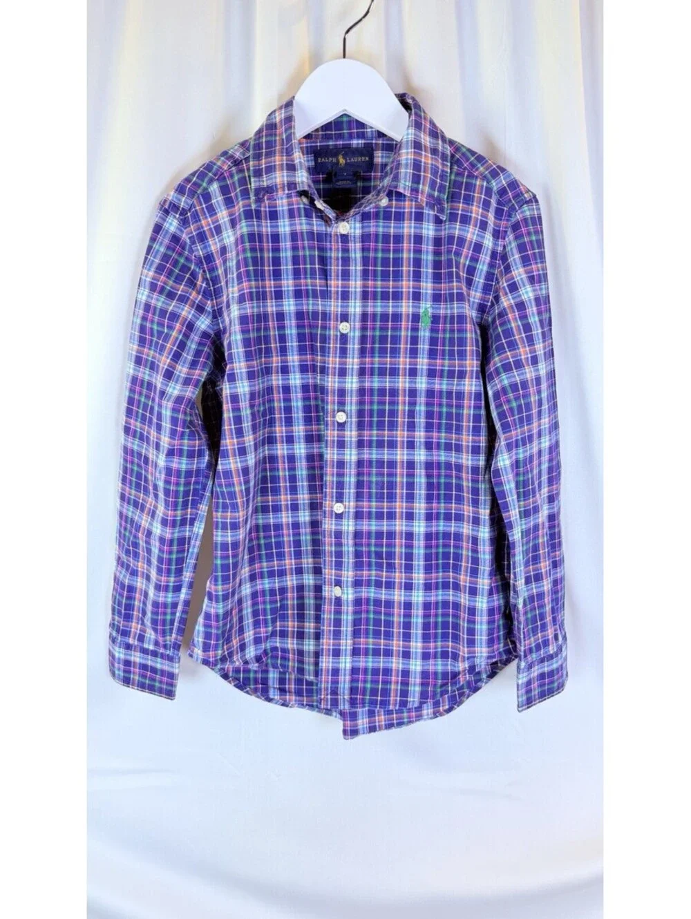 Ralph Lauren Shirt Boys Blue Pink Plaid Long Sleeve Button Up Casual Sz 7 Preppy